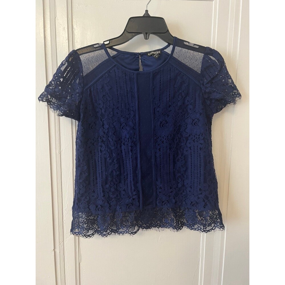 Express navy blue blouse short sleeve lace design